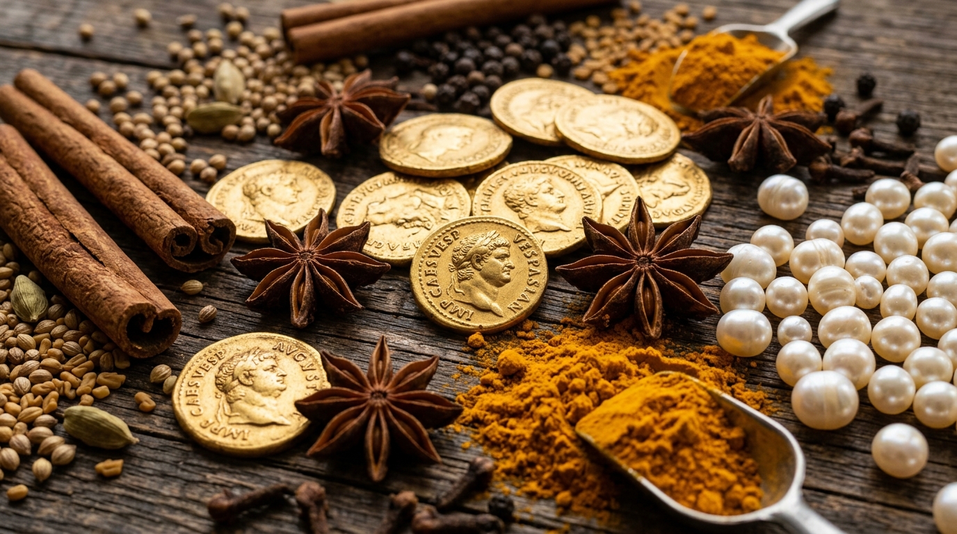 Ancient Roman gold coins mixed with Indian spices and pearls representing historical trade routes.