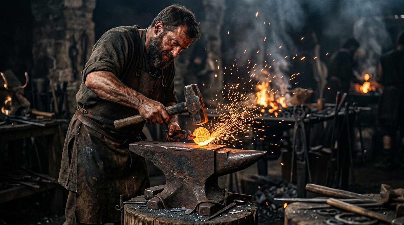 Blacksmith striking a glowing gold coin on an anvil during the ancient Kushan era.