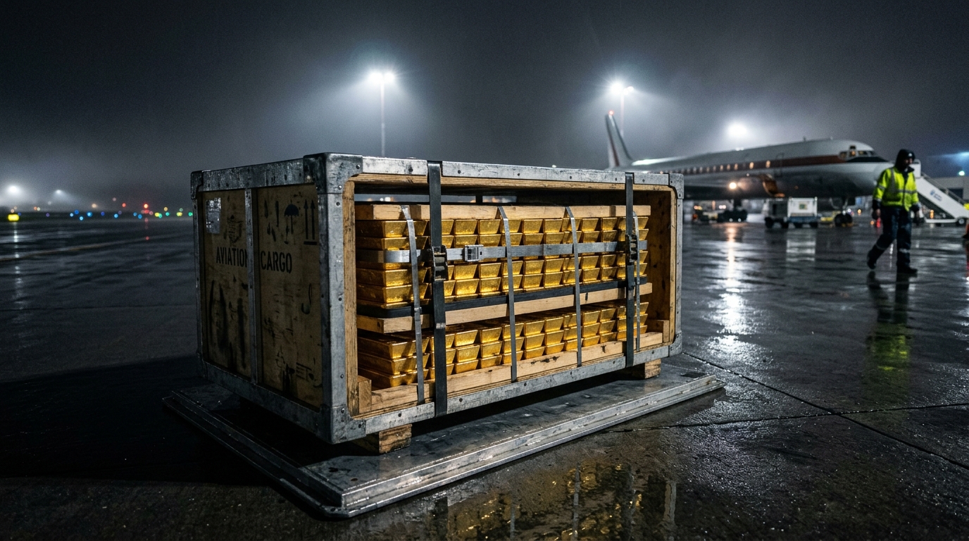 Heavy gold bullion bars packed in an aviation cargo crate on a nighttime tarmac.