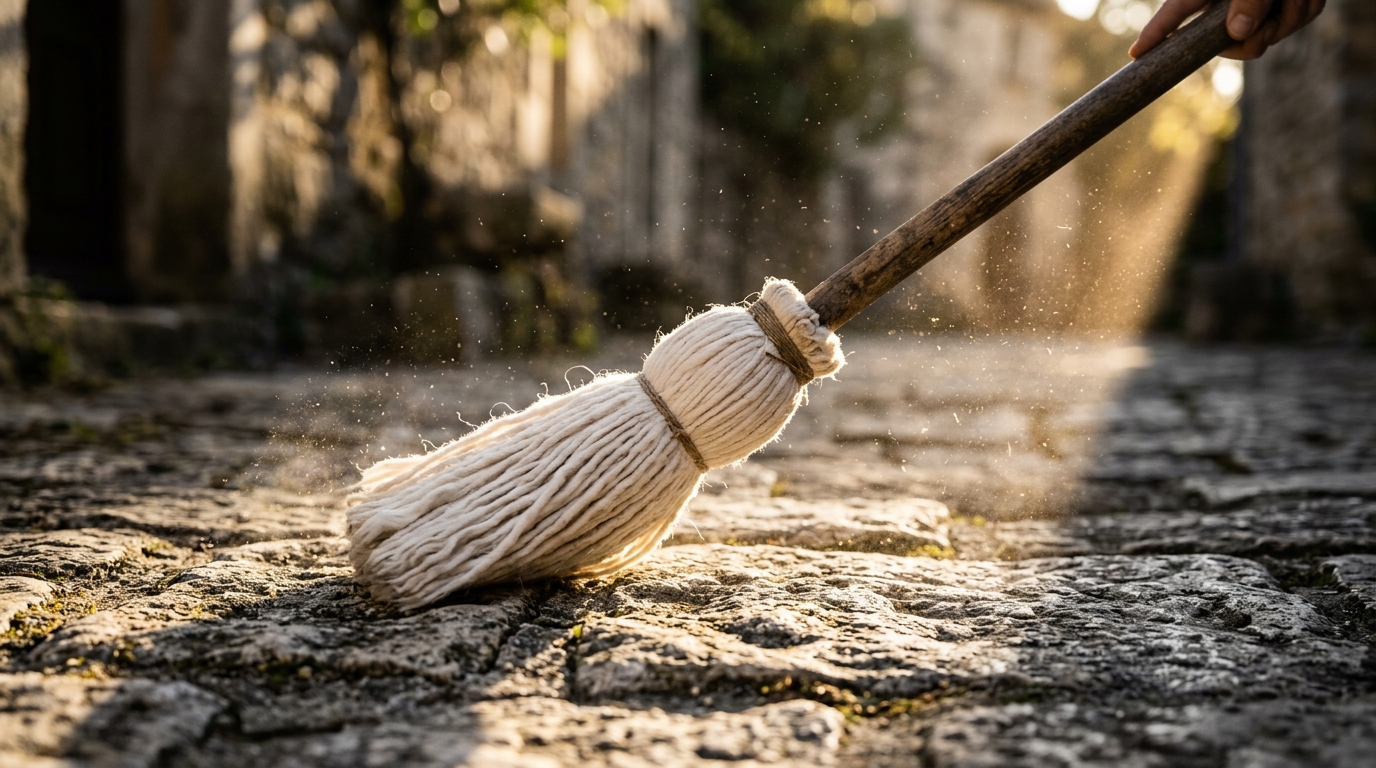 Close-up of a soft broom sweeping a stone path representing Jain non-violence practices.
