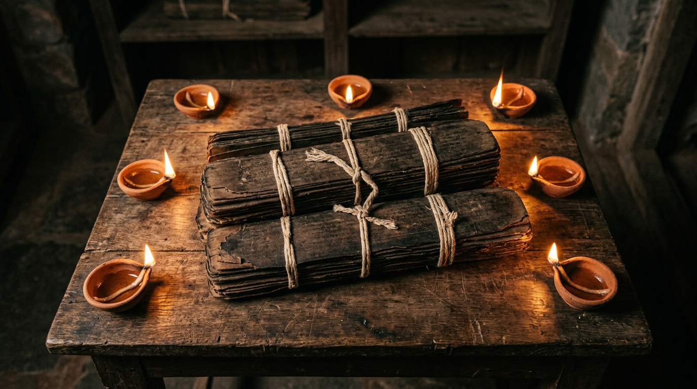 Ancient palm-leaf manuscripts illuminated by traditional clay oil lamps in a dark room.