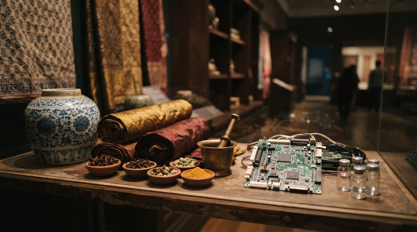 Historical and modern trade goods illustrating the commercial evolution between India and China.