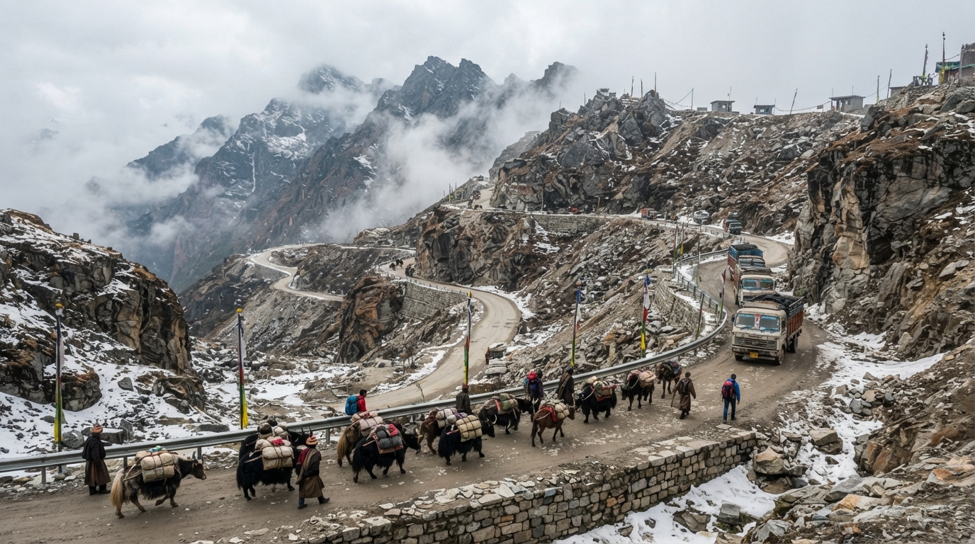 High altitude mountain trade route through Nathu La Pass connecting India and Tibet.