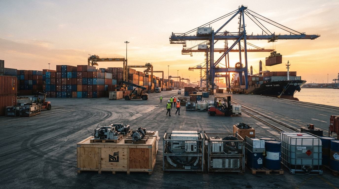 Modern shipping terminal handling industrial manufacturing inputs and international cargo containers.