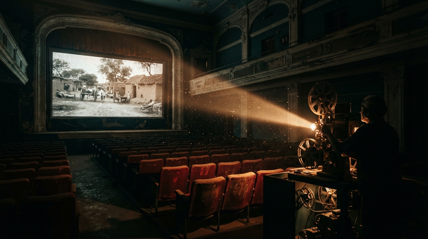 Vintage film projector beam illuminating an empty Indian single-screen cinema hall with faded velvet seats