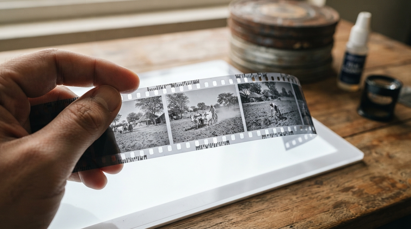 Strip of black-and-white 35mm film negative showing rural Indian village life on a light table