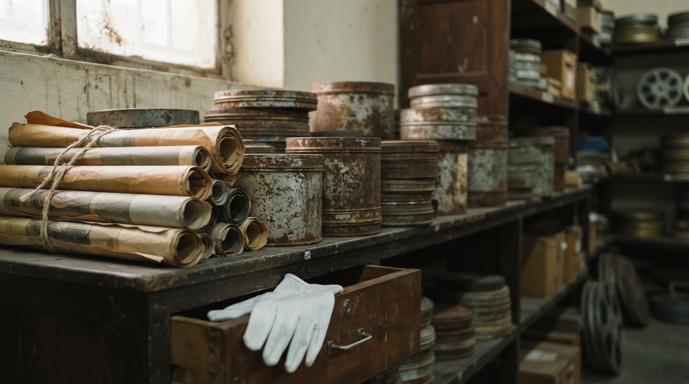 Rusted film canisters and rolled vintage posters preserved on shelves in an Indian film archive