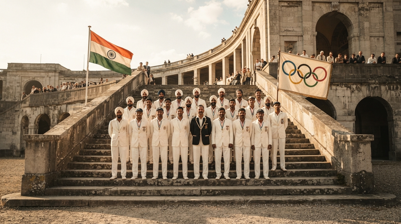 Vintage Indian Olympic team posing on stadium steps, illustrating history of the Indian Olympic Association
