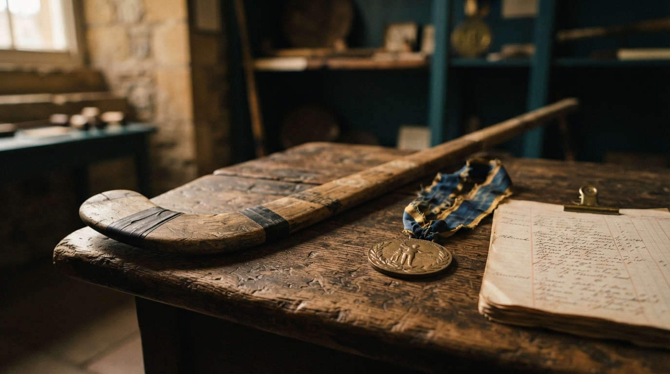 Antique hockey stick and vintage gold medal representing India's 1928 Olympic hockey victory