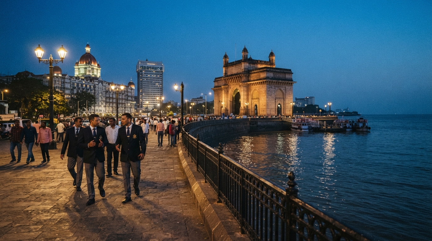 Officials walking along Mumbai waterfront at dusk, representing Indian Olympic governance and reforms