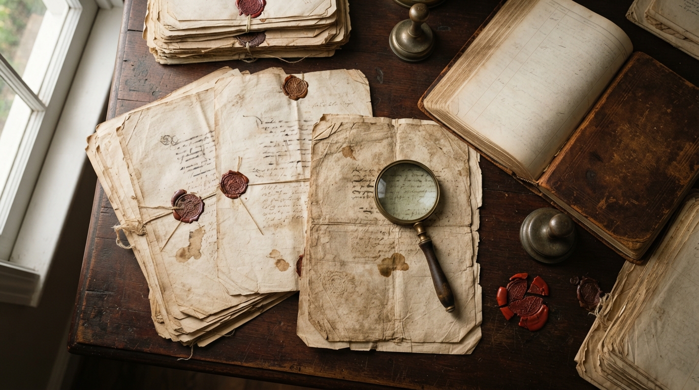 Preserved historical Indian gazettes and archival documents resting on an antique wooden examination table.