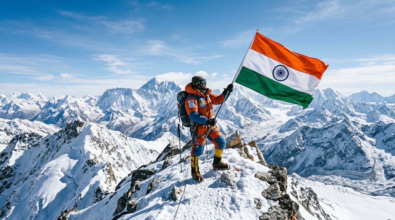 Indian winter athlete holding the national flag on a snowy mountain peak during the Olympics.
