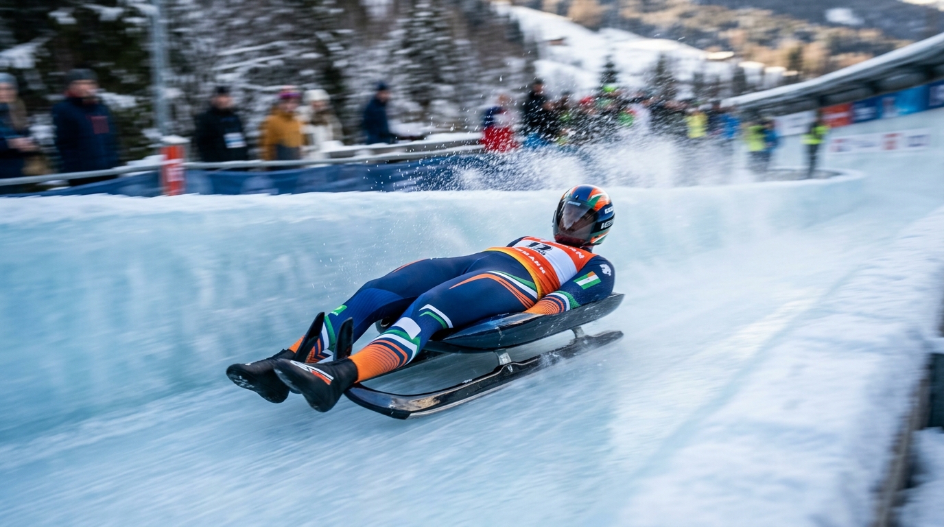 Professional luge athlete speeding down a frozen ice track in winter sports competition.