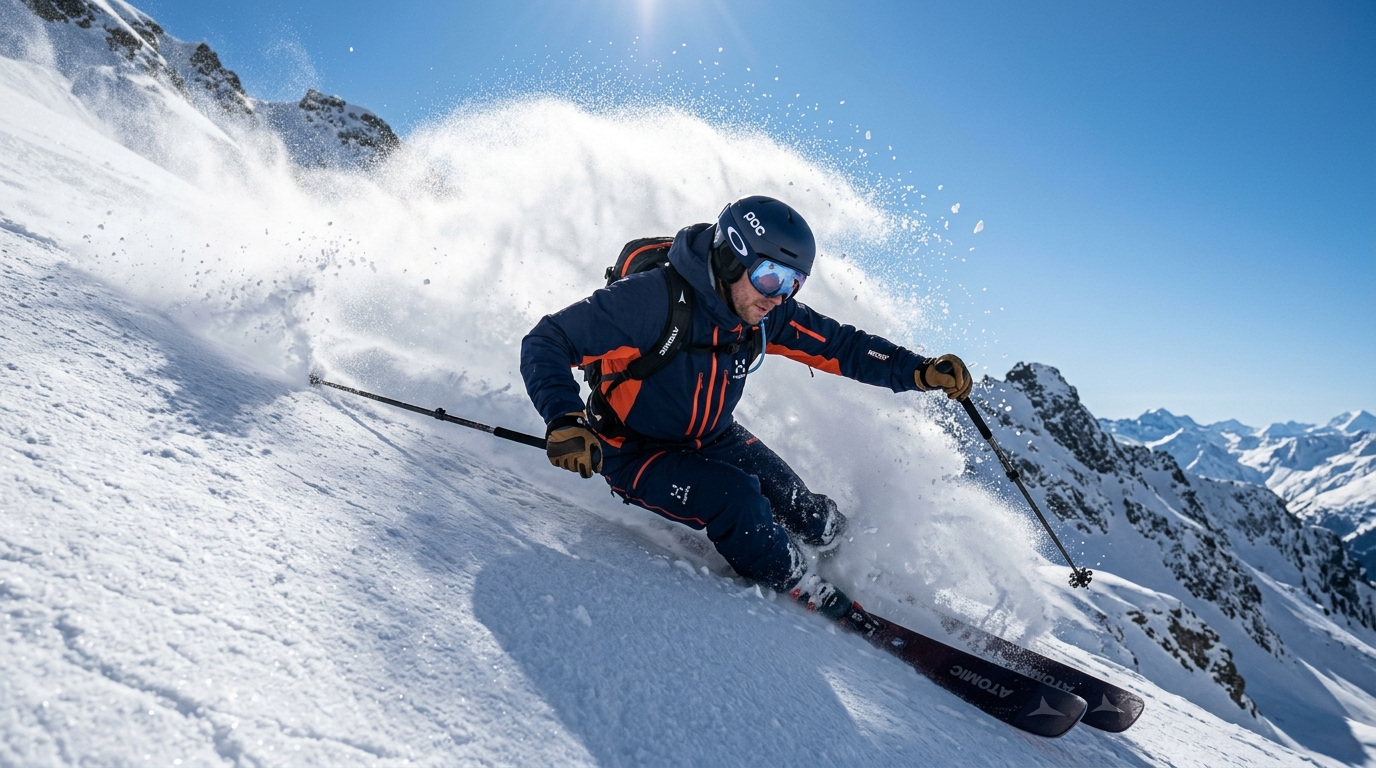 Alpine skier carving aggressively through deep snow on a steep mountain slope.