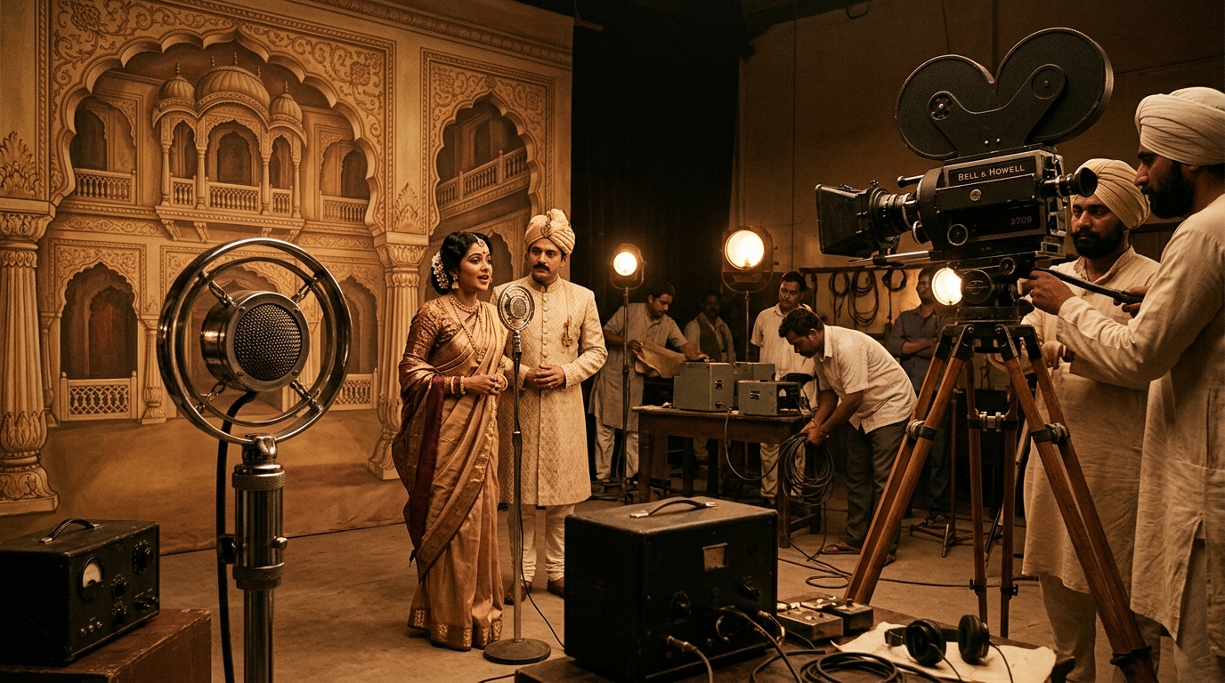 Historical 1931 Indian film set with a vintage microphone and wooden 35mm camera.