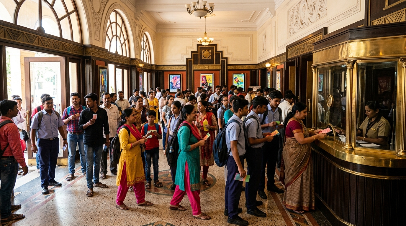 Crowded lobby of a heritage Indian cinema hall with diverse moviegoers holding paper tickets.