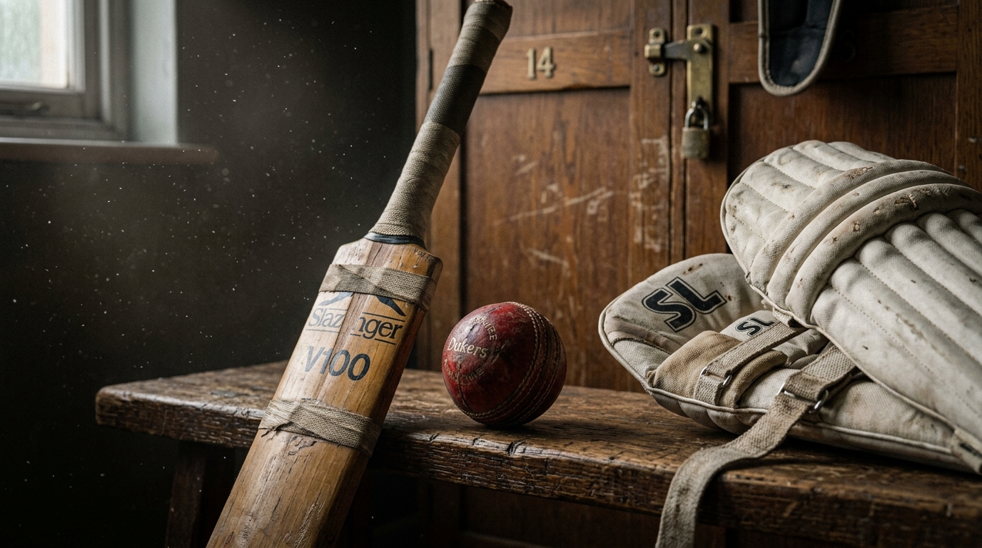 Vintage wooden cricket bat and scuffed red ball on a rustic wooden bench
