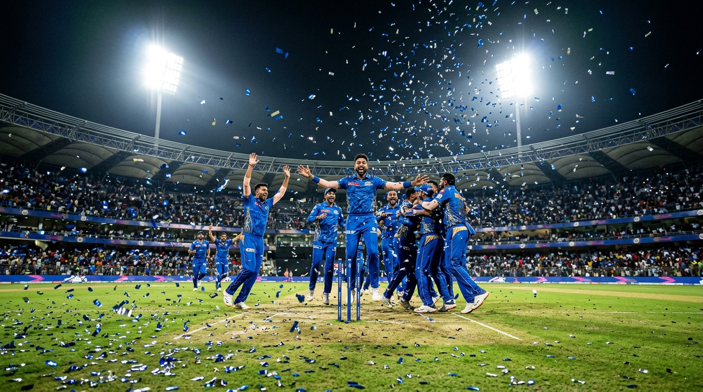Blue and silver confetti raining down on a lit cricket pitch at night