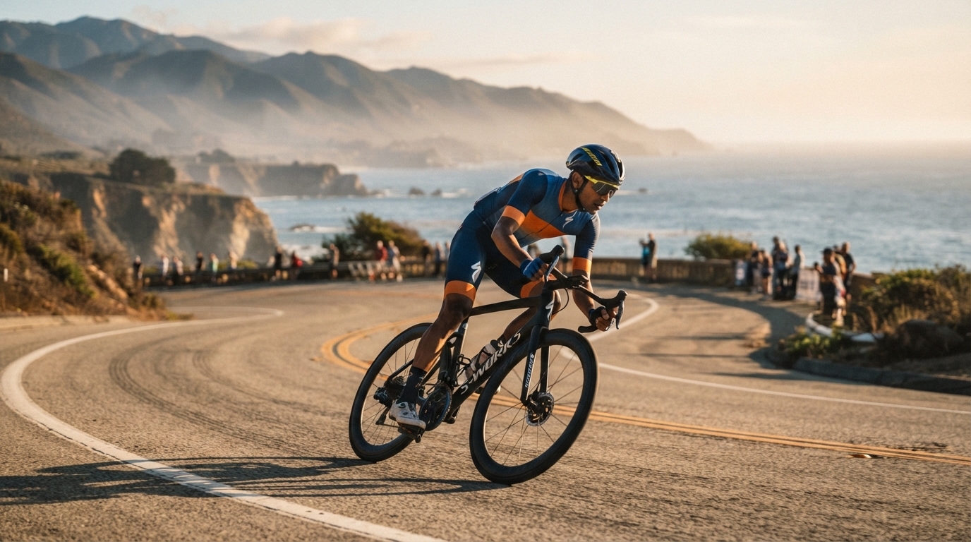 An endurance road cyclist competing during an international championship race along a sunlit course.