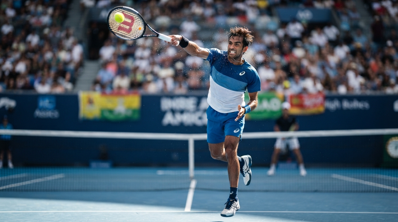 A tennis player of Indian heritage executing a powerful volley on a tournament court.