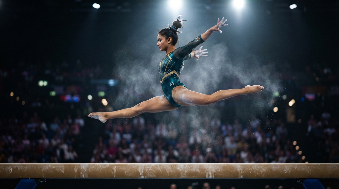 A female gymnast of Indian descent performing a leap over a balance beam.