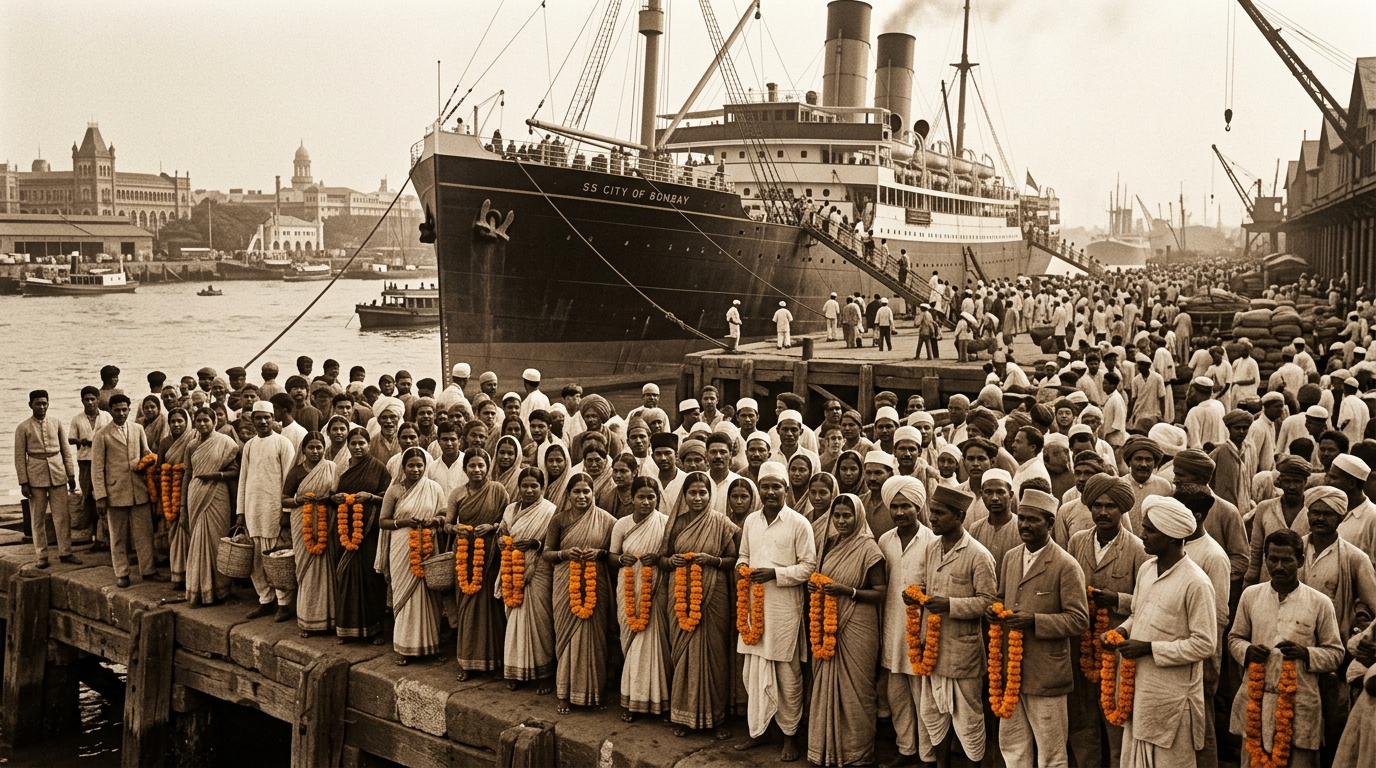 Crowd in 1915 Indian port holding marigold garlands to welcome returning diaspora passengers.