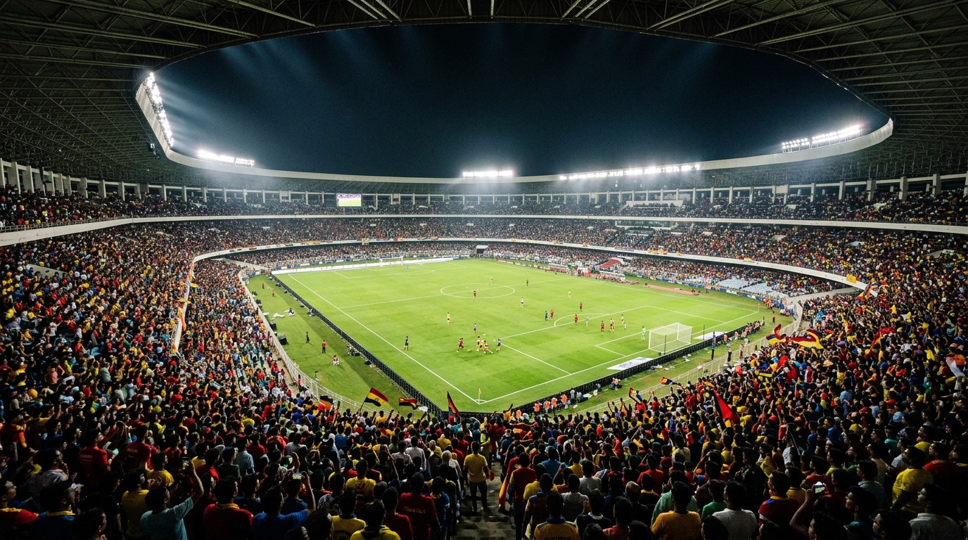 Packed stadium with roaring fans under bright floodlights for an Indian football match.