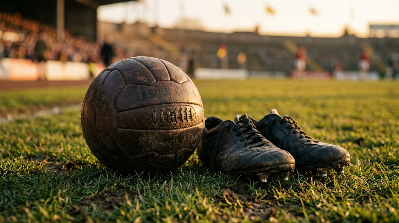 Vintage 1960s leather football and classic boots resting on green stadium grass.