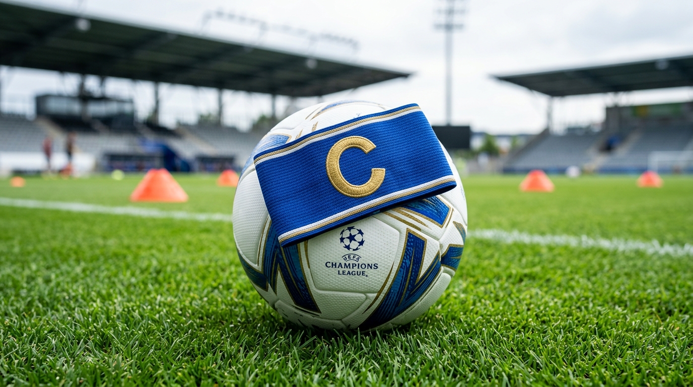 Blue captain's armband on a modern football at a professional training pitch.