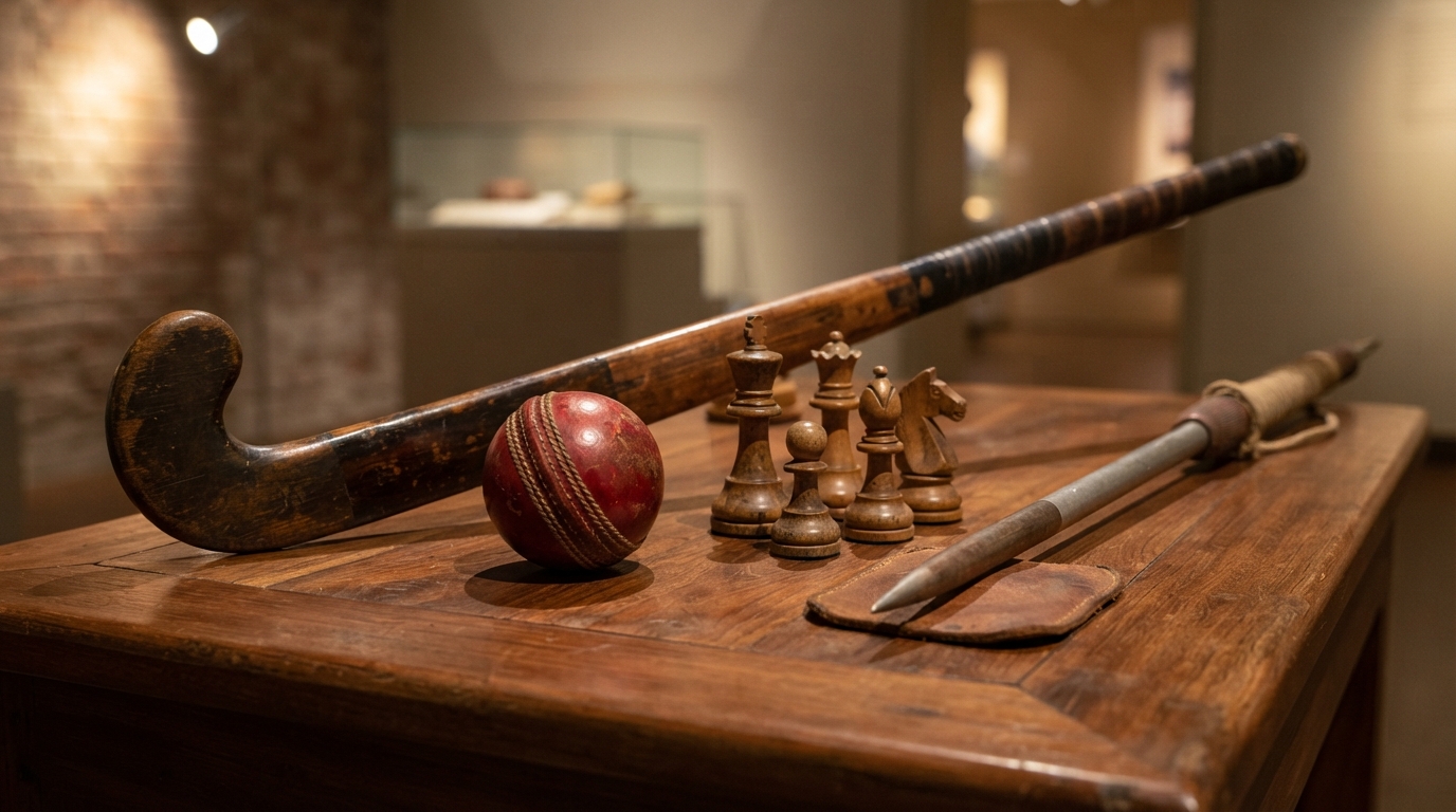 Historic Indian sports equipment display representing landmark international achievements in hockey, cricket, and chess.