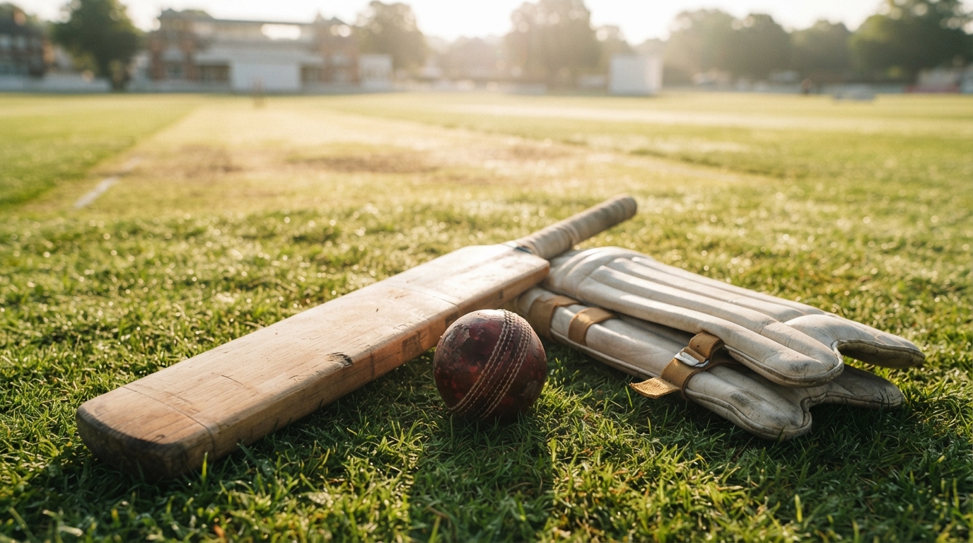 Classic red cricket ball and leather pads on grass commemorating historic cricket victories.