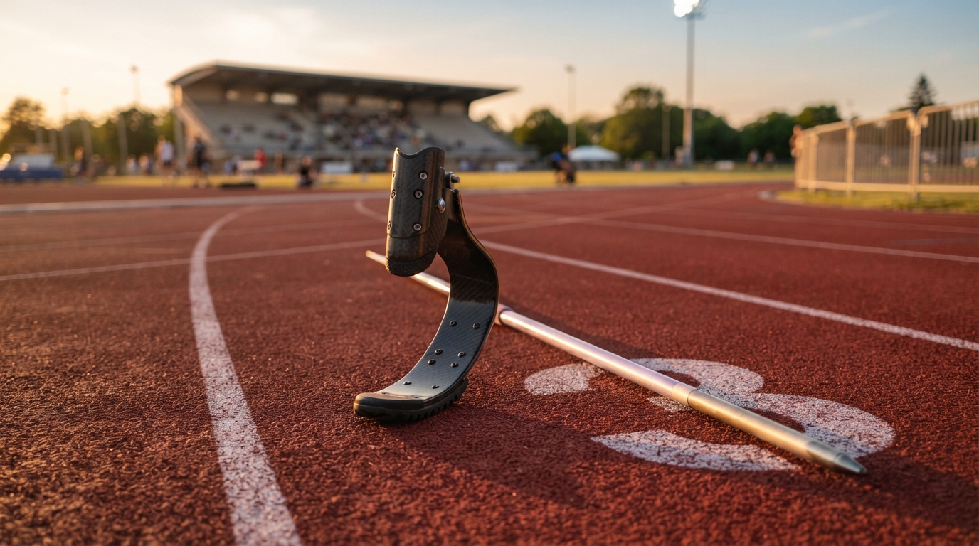 Para-athlete carbon fiber running blade and javelin on a synthetic track at sunset.