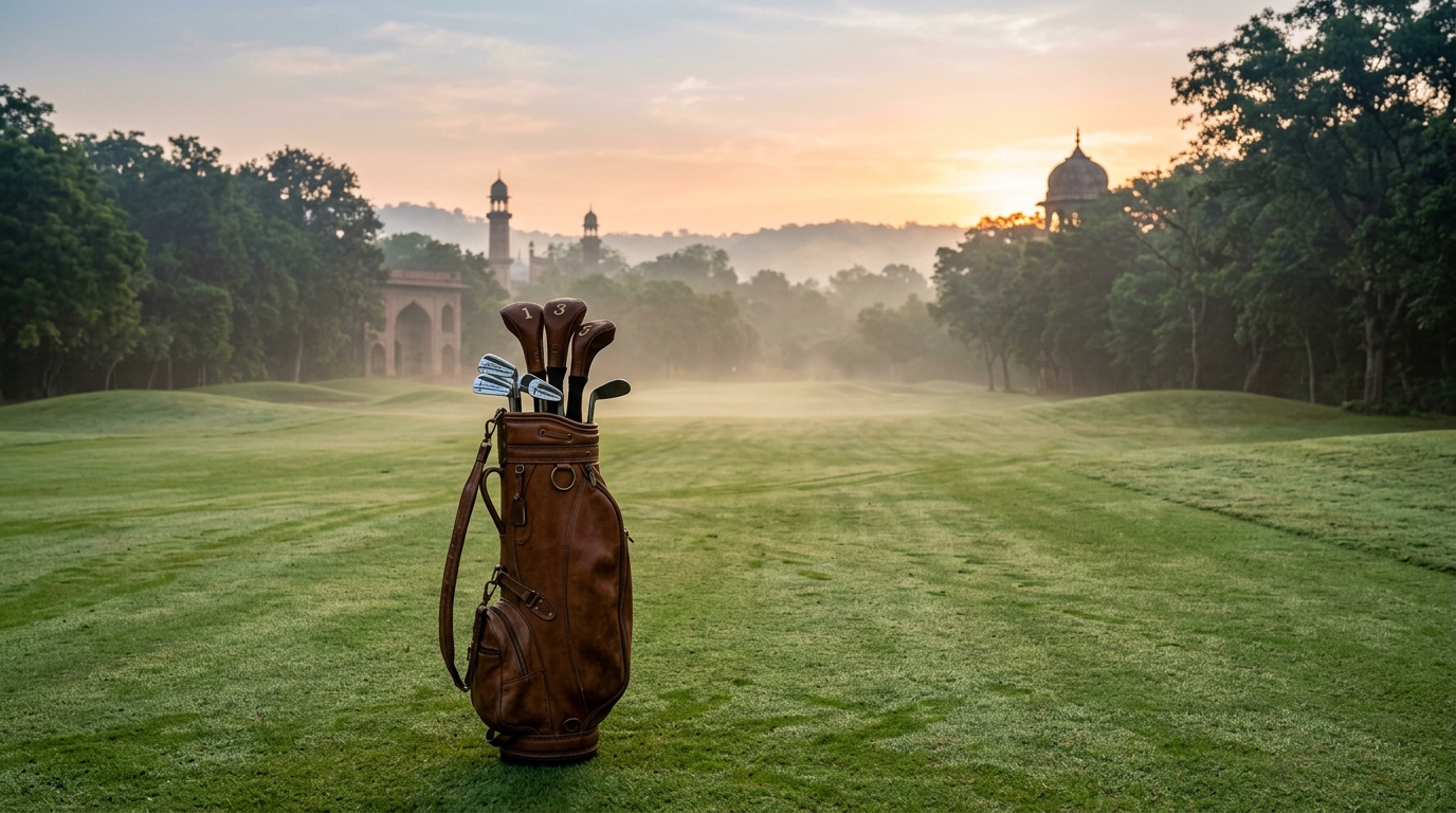 Vintage golf clubs on a lush fairway with traditional Indian architecture in the background