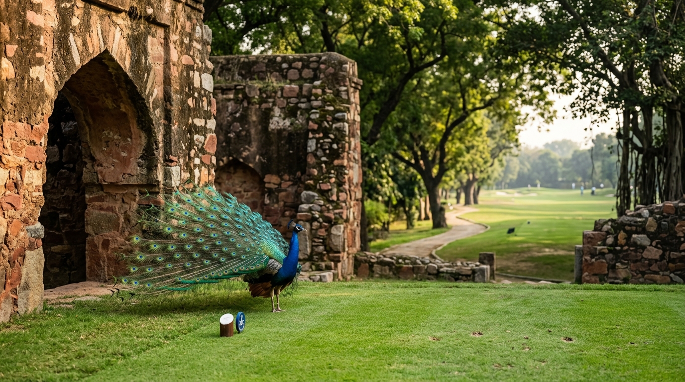 Peacock standing near ancient stone ruins on a historic tree-lined Indian golf course