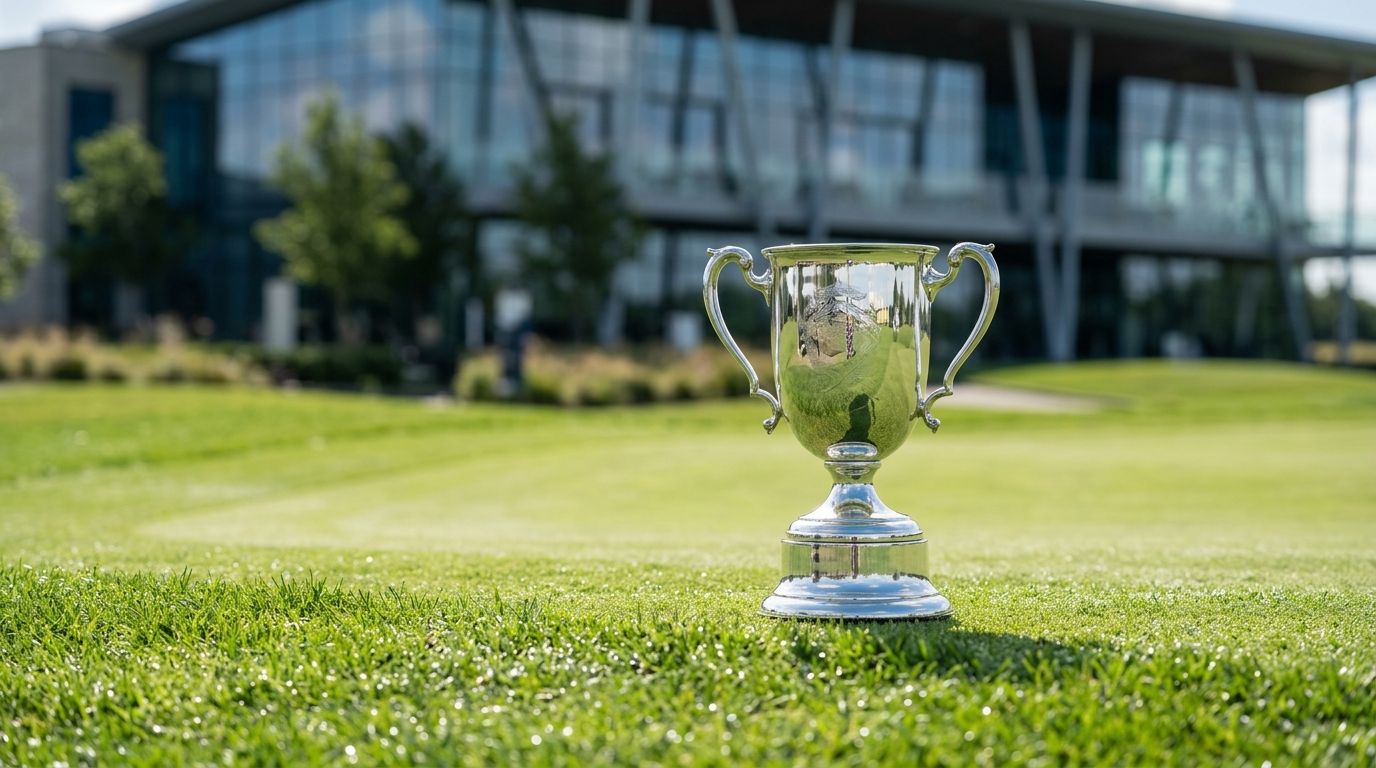 Silver championship golf trophy resting on a putting green near a modern clubhouse