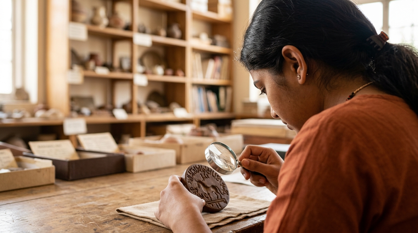 Indian student examining a Harappan seal replica with a magnifying glass in a museum.