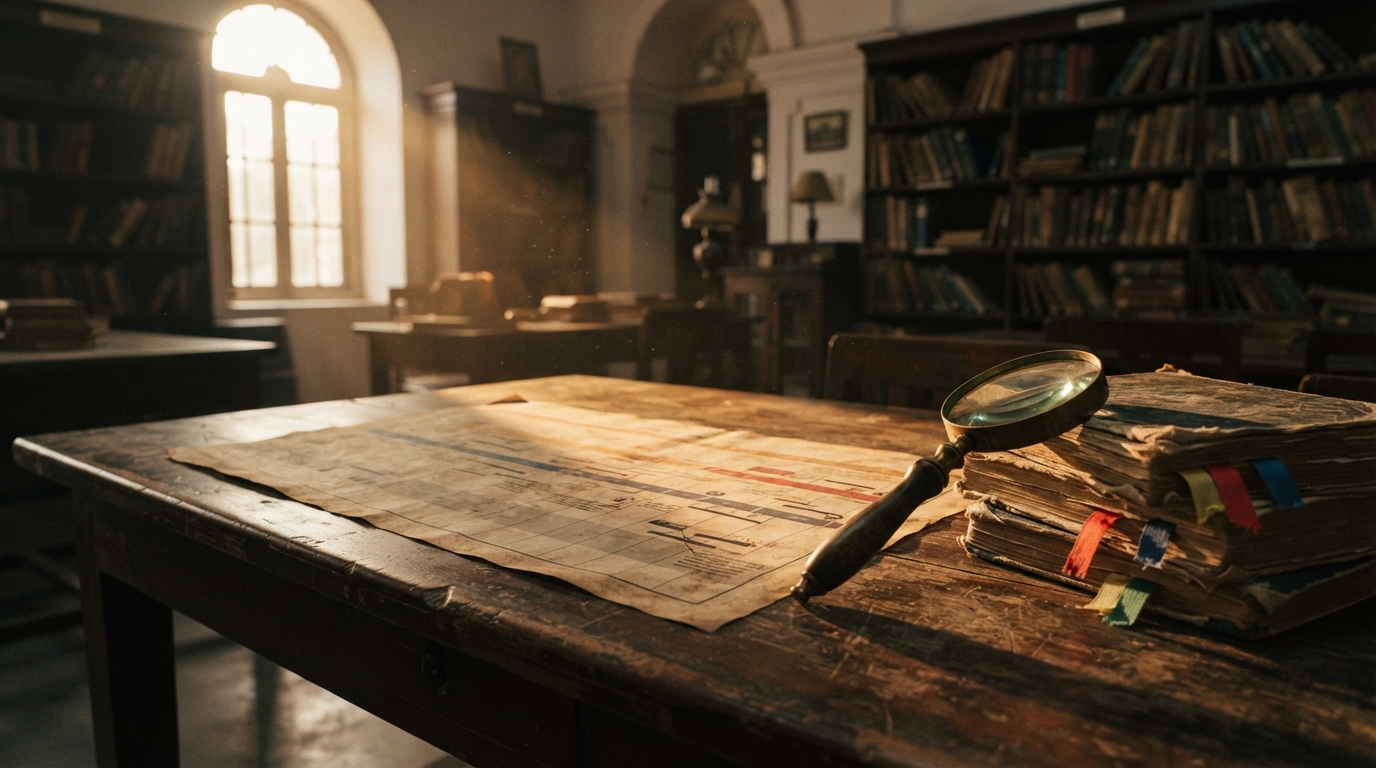 Old timeline chart and history textbooks on a wooden table in warm library light