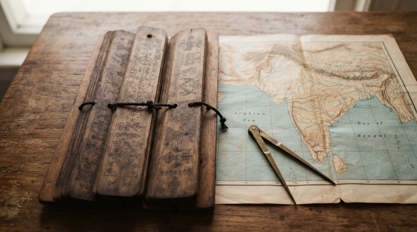 Palm-leaf manuscript beside a paper map of India with brass dividers