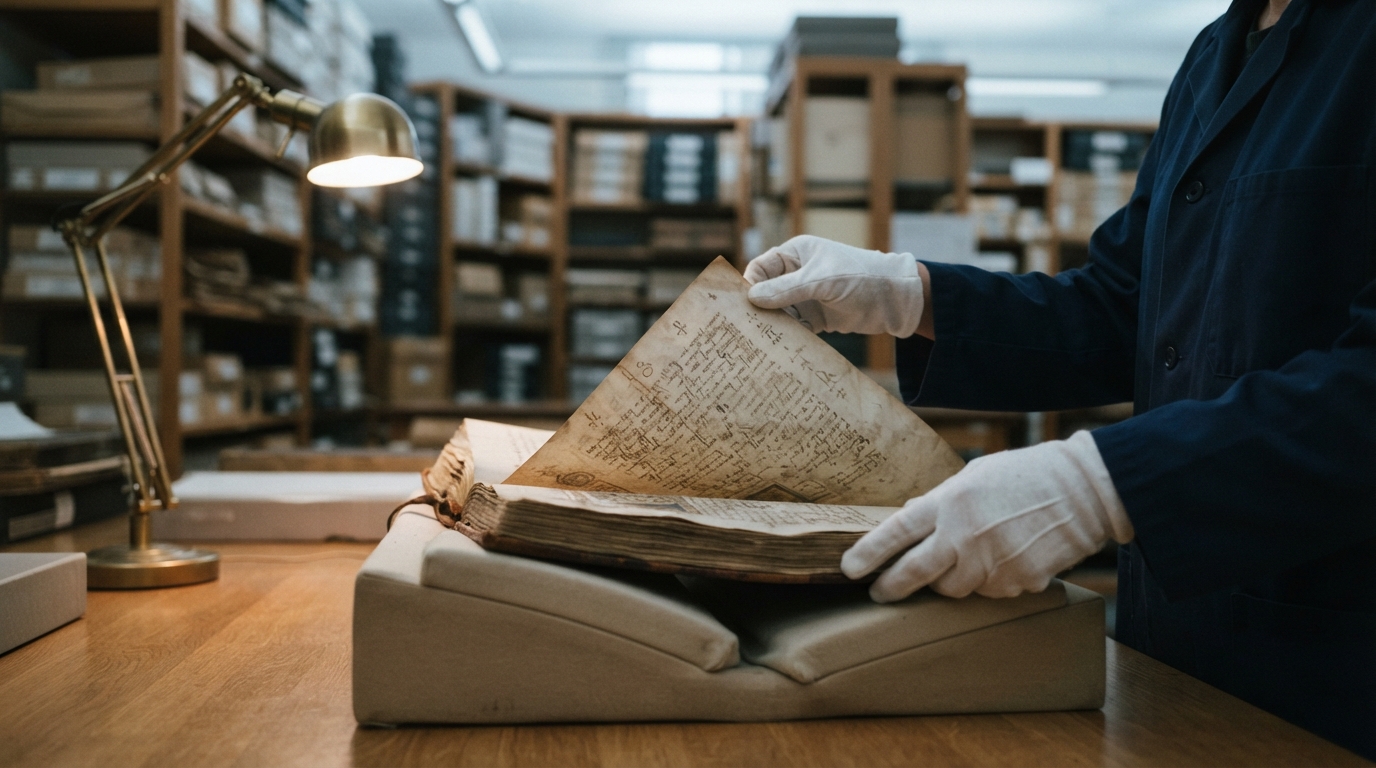 Gloved hands turning pages of an aged manuscript in a quiet archive room