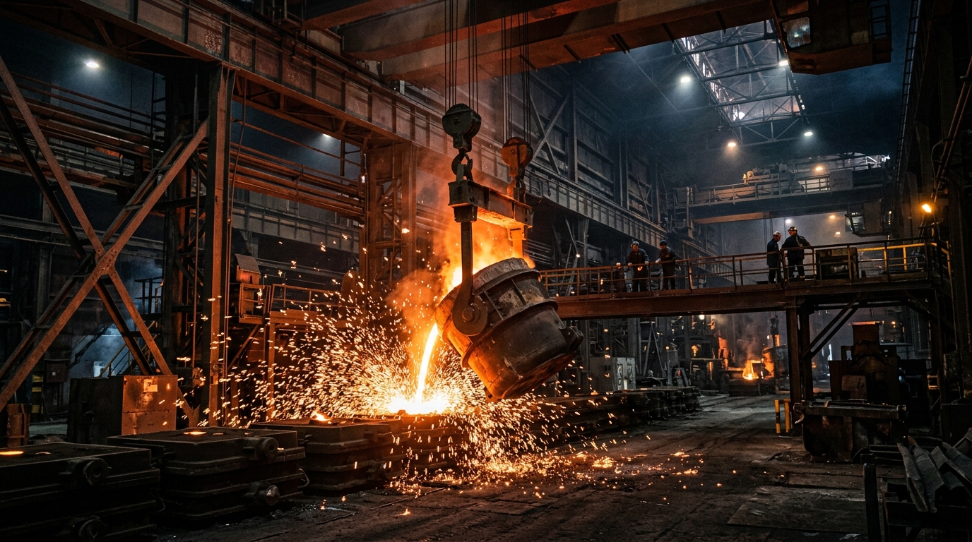 Glowing molten steel pouring from a giant crucible inside an Indian heavy manufacturing plant.