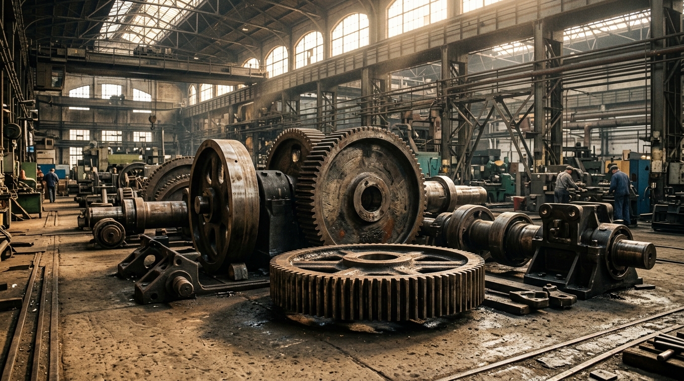 Large raw iron gears and heavy machinery components resting inside a vast industrial factory.