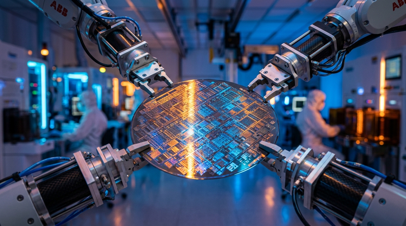 Close-up of a modern semiconductor silicon wafer in a high-tech manufacturing cleanroom environment.