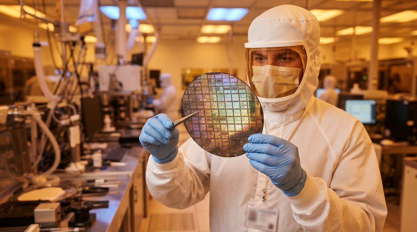 Semiconductor technician inspecting a silicon wafer disc inside an advanced electronics manufacturing cleanroom.