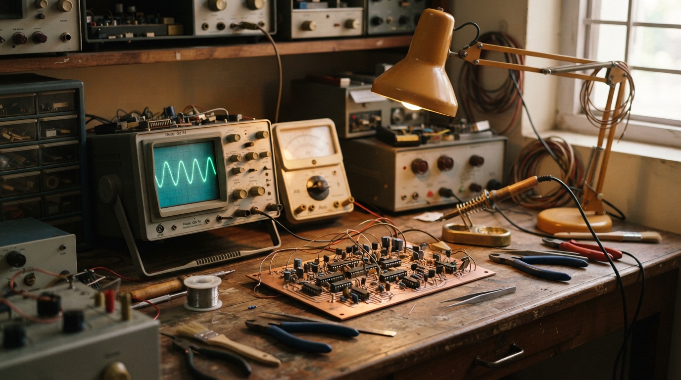 Vintage electronic circuit boards and testing instruments from early Indian state research laboratories.