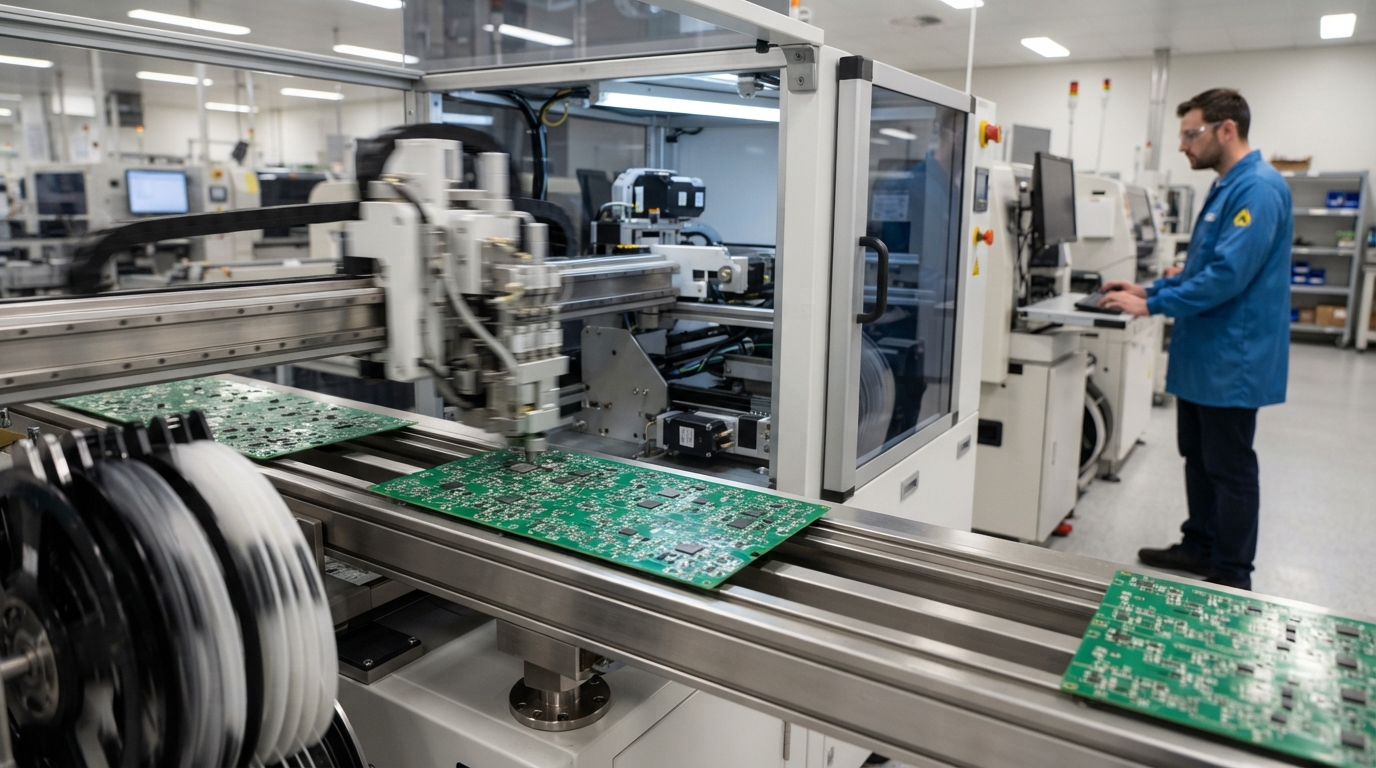 Automated robotic surface mount assembly line manufacturing smartphone motherboards in a modern factory.
