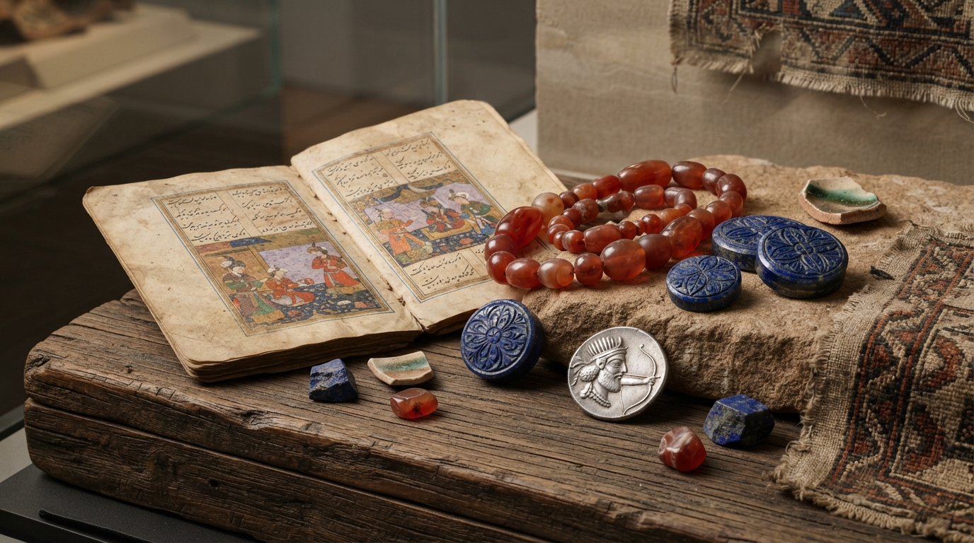 Ancient lapis lazuli, carnelian beads, and historic artifacts illustrating Indo-Iranian cultural and trade exchanges