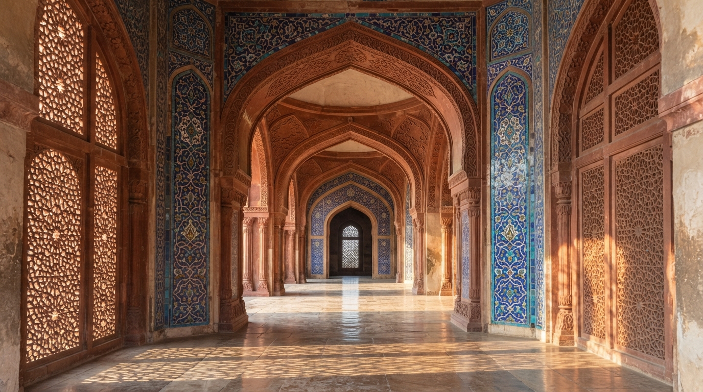 Intricate Indo-Persian architecture featuring carved red sandstone screens and decorative glazed ceramic tiles