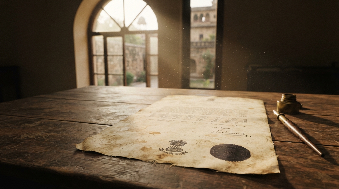 Aged 1947 Instrument of Accession document with princely state seal on wooden table
