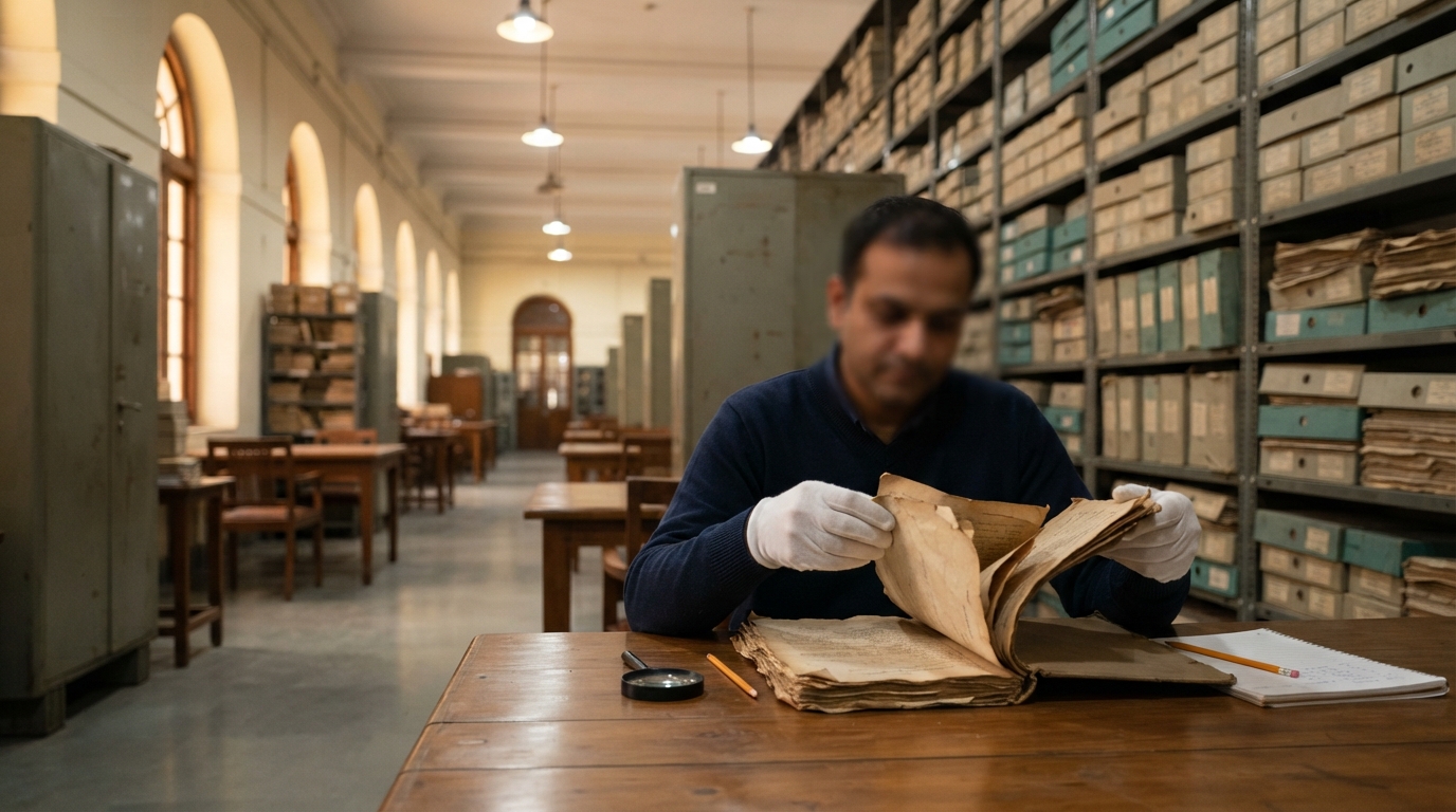 Researcher handling historical files inside the National Archives of India reading room