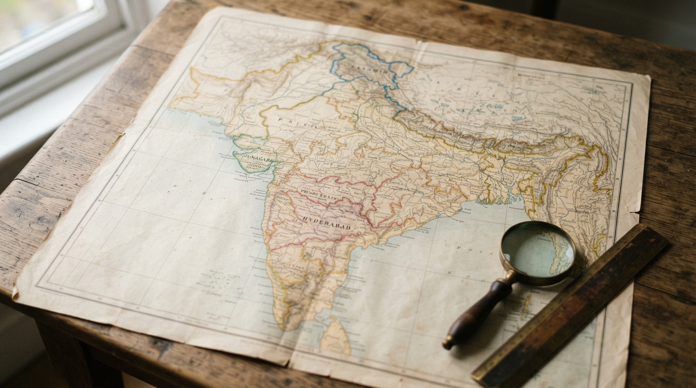 Antique map of princely states in 1947 India with magnifying glass and ruler